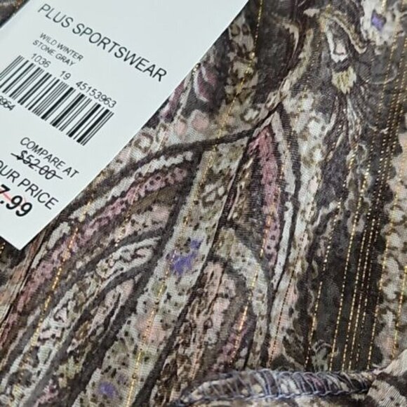 Cato Tunic Women's Size 14/16W Brown Paisley Metallic NWT Ruffles Flutter - Picture 6 of 14